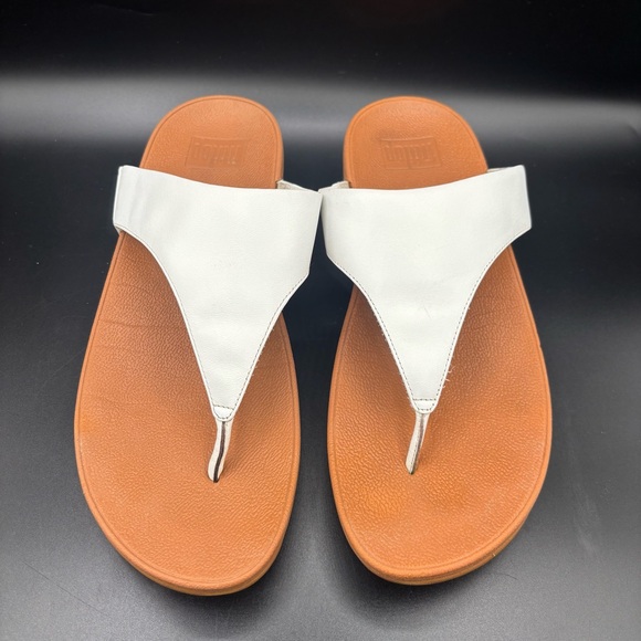 FitFlop Womens Lulu Toe Post Strap Leather Sandals Flip Flop White Brown Size 10